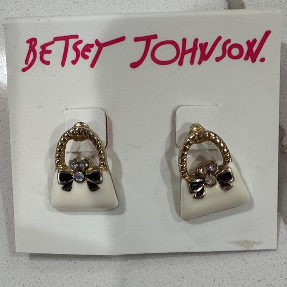 Betsey Johnson White and Gold Handbag Earrings with Black Bow - Picture 2 of 4